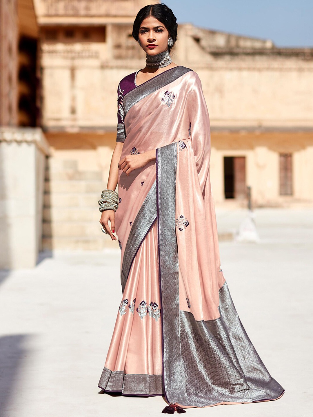 

Mitera Peach-Coloured & Maroon Floral Embroidered Pure Georgette Saree