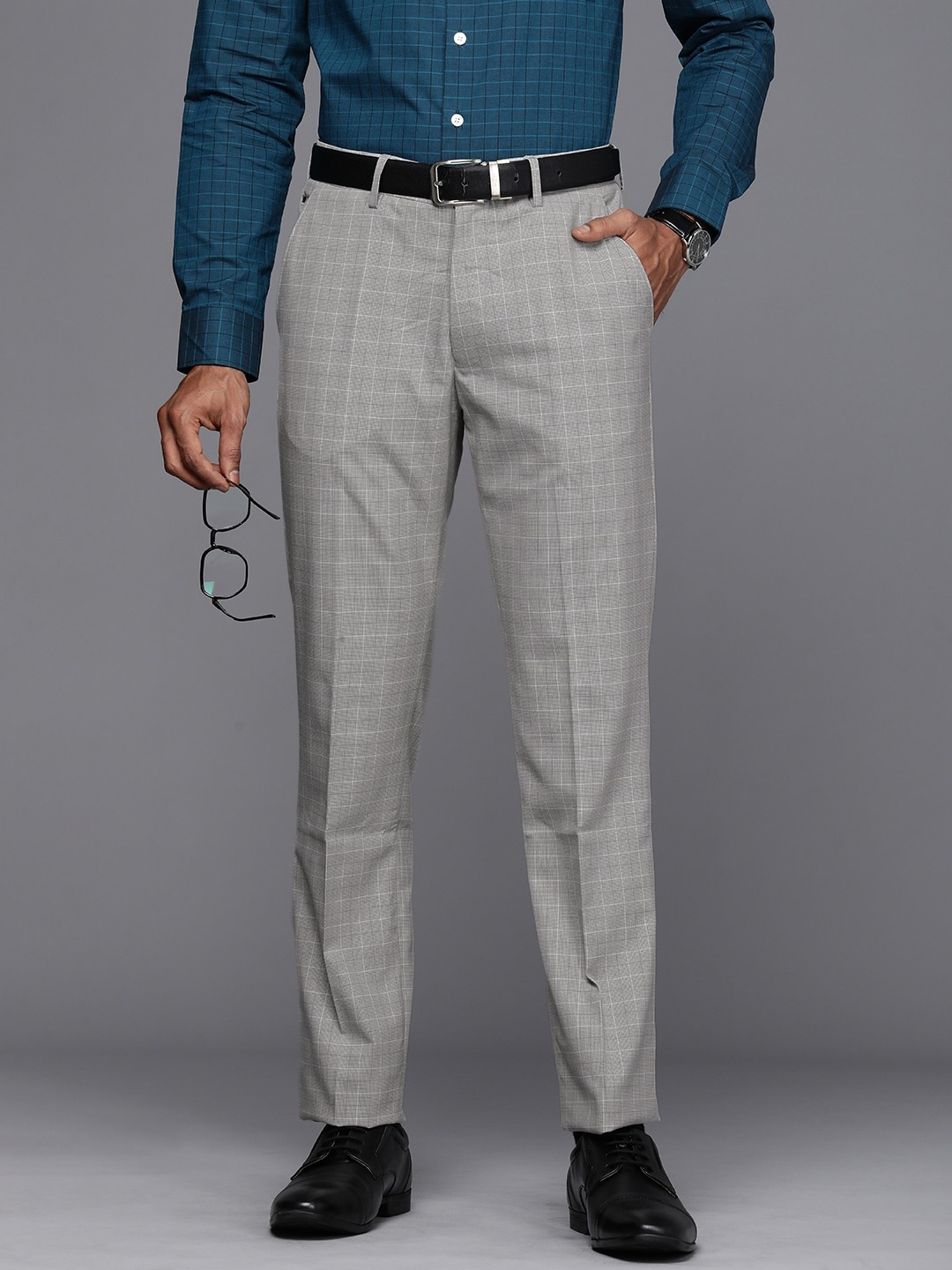 

Louis Philippe Men Mid-Rise Checked Slim Fit Trousers, Grey