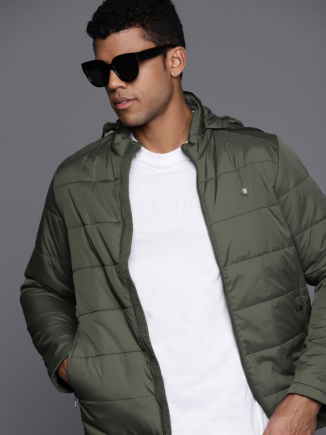 

Louis Philippe Padded Jacket with Detachable Hood, Olive