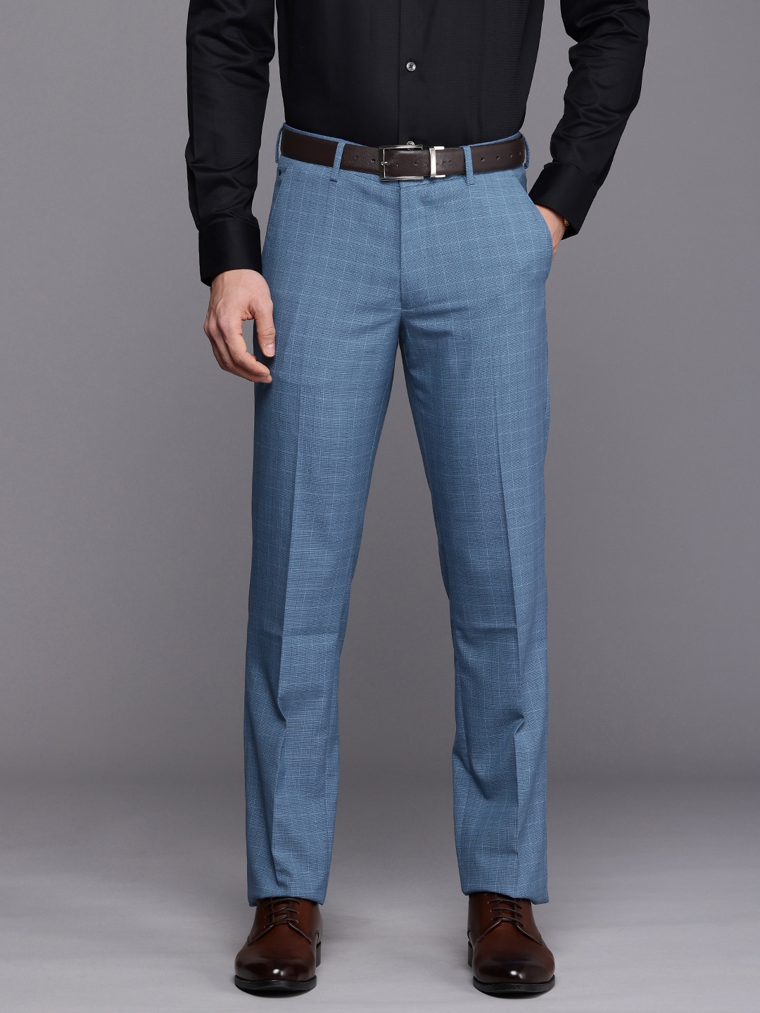 

Louis Philippe Men Self-Checked Formal Trousers, Blue