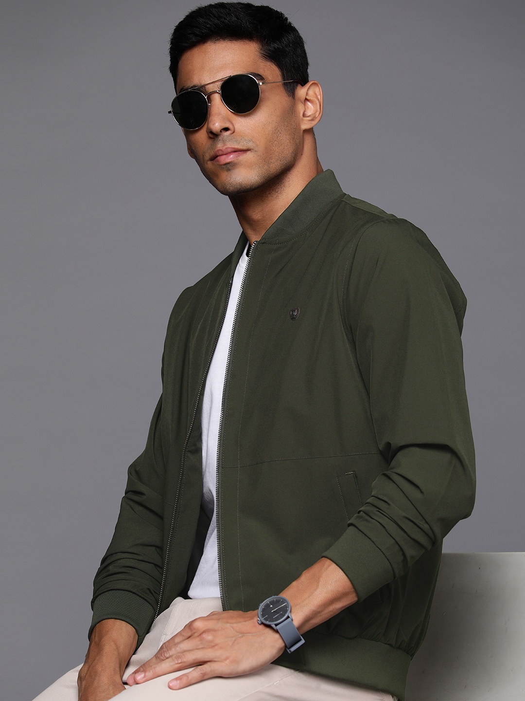 

Louis Philippe Solid Stand Collar Bomber Jacket, Olive