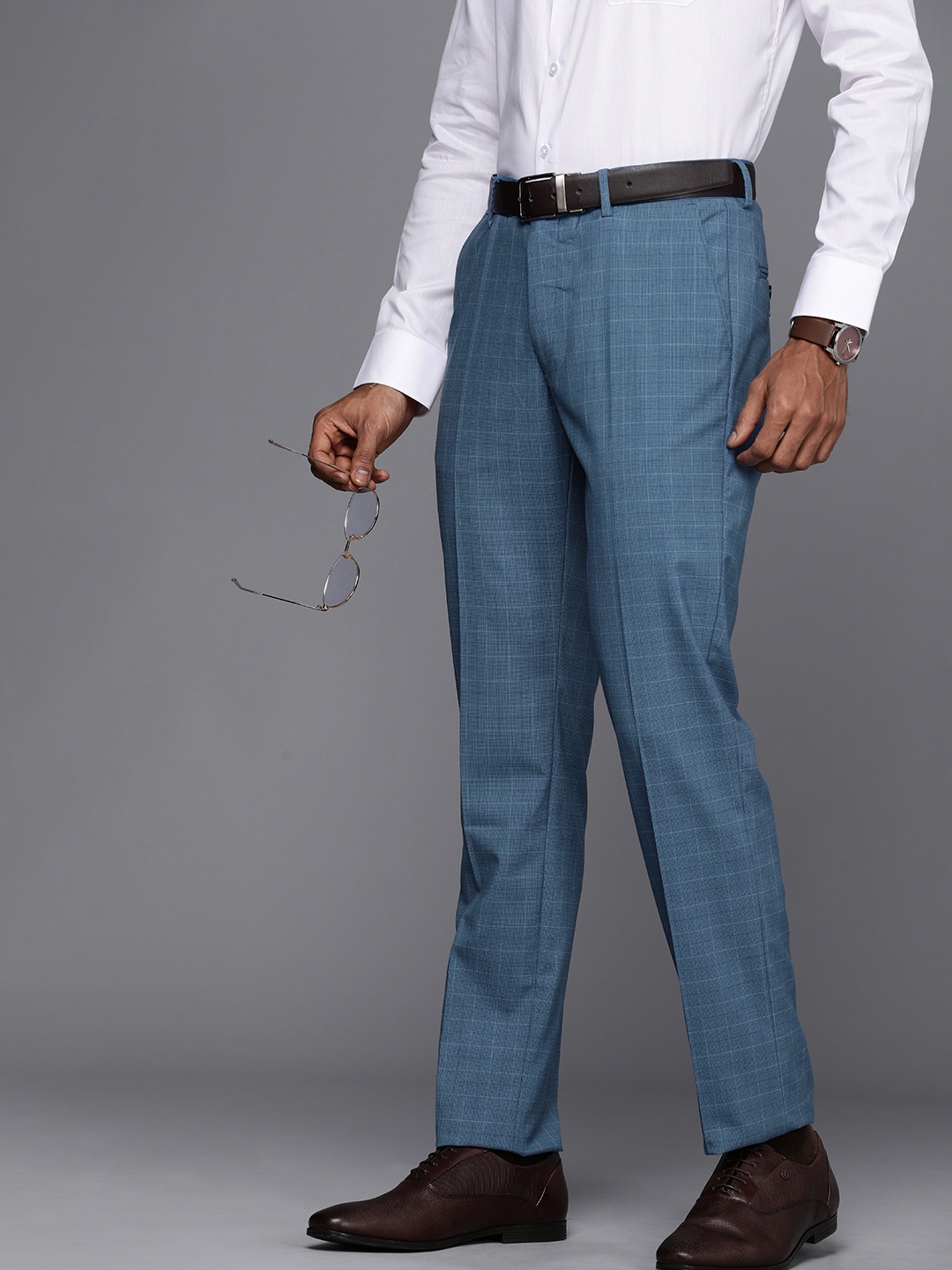 

Louis Philippe Men Mid-Rise Checked Slim Fit Trousers, Blue