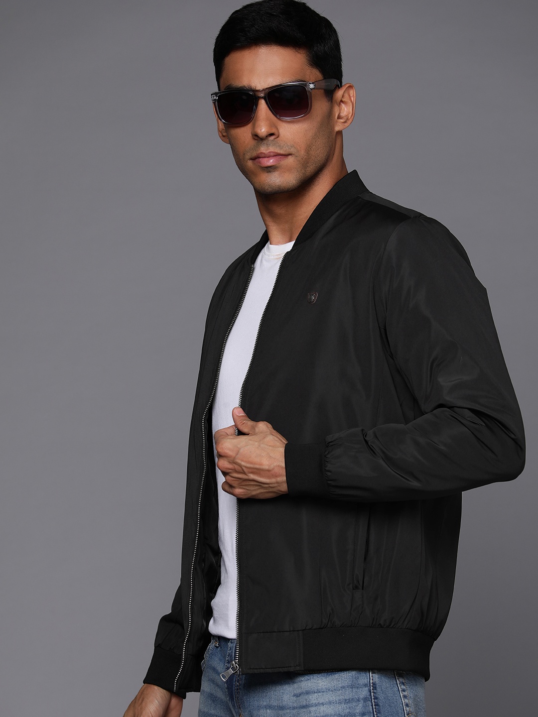 

Louis Philippe Solid Stand Collar Bomber Jacket, Black