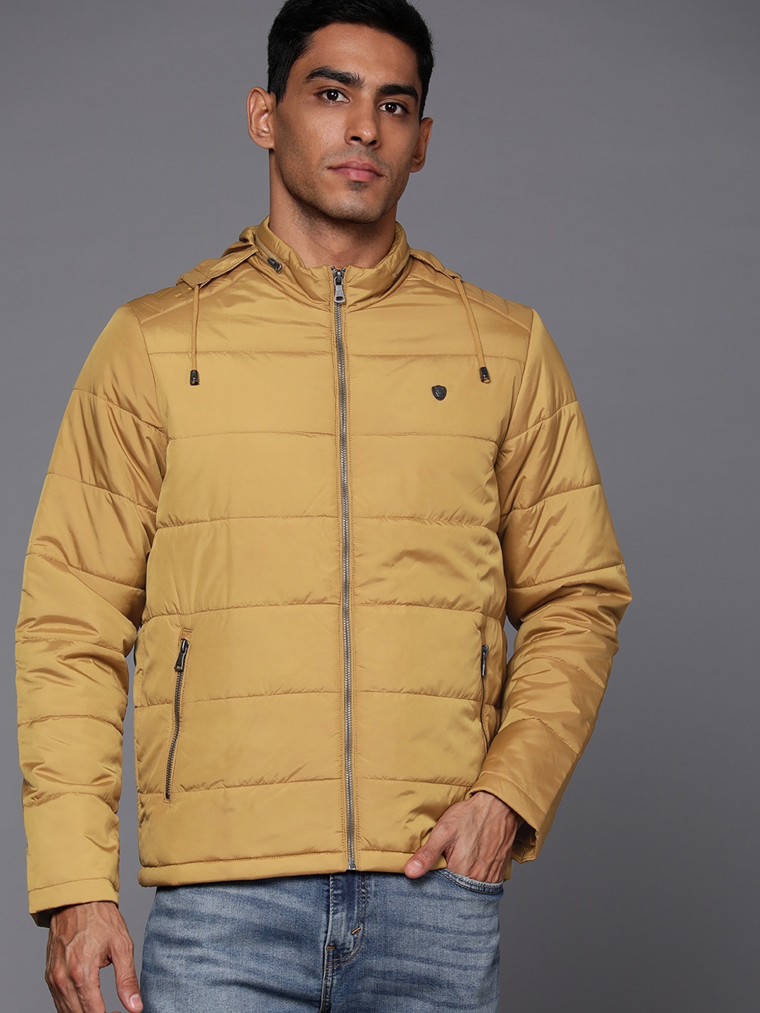 

Louis Philippe Solid Hooded Padded Jacket, Mustard