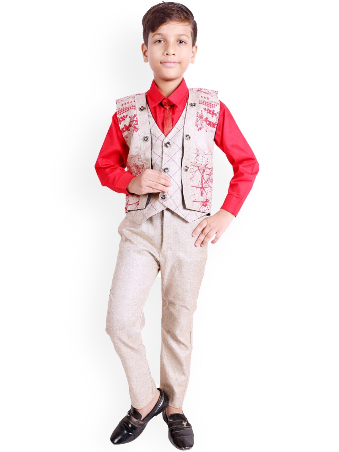 

BAESD Boys Pure Cotton Shirt With Trousers & Waistcoat, Red