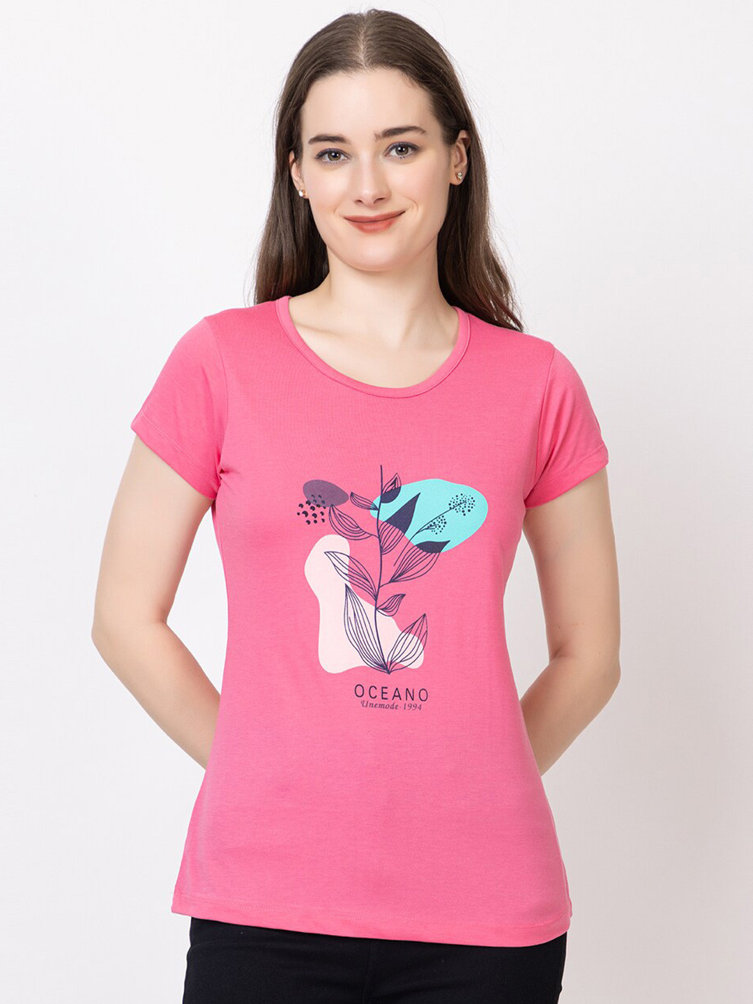 

UNEMODE Printed Round Neck Cotton Slim Fit T-shirt, Pink