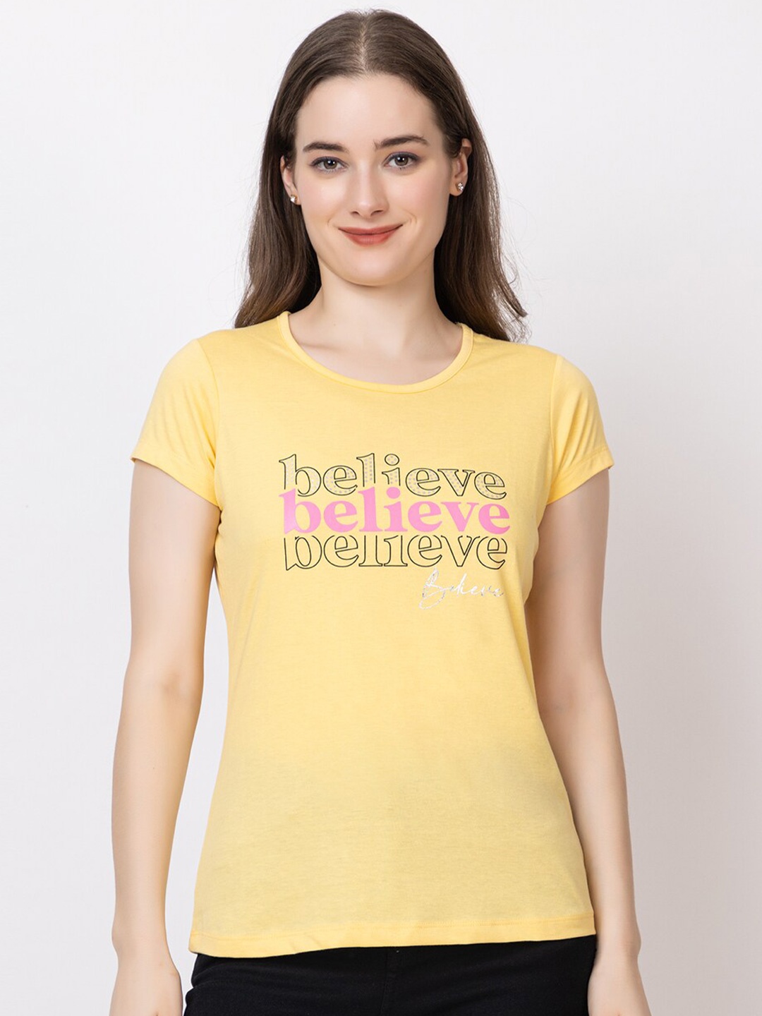 

UNEMODE Typography Printed Cotton T-shirt, Yellow