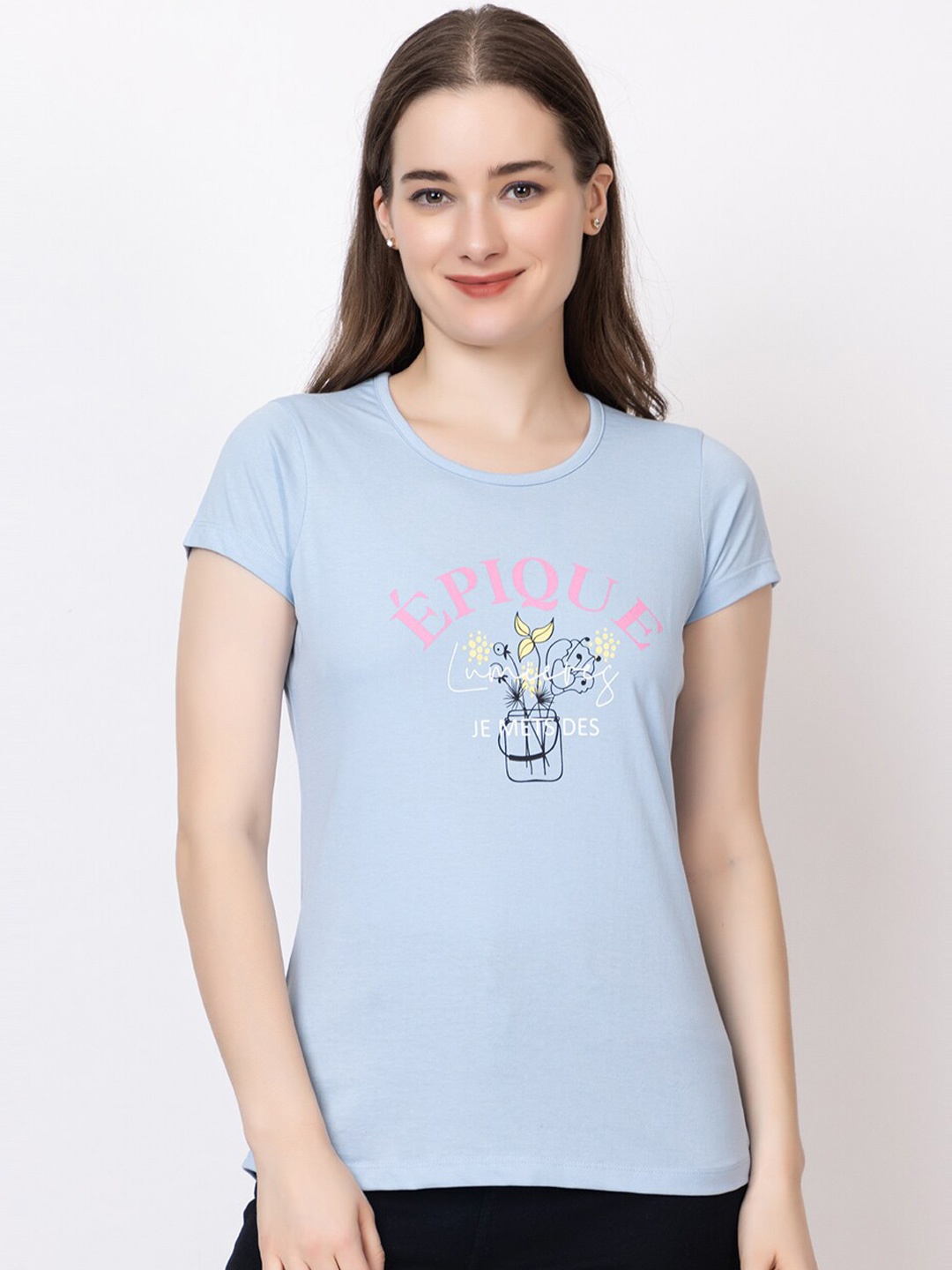 

UNEMODE Printed Round Neck Cotton Slim Fit T-shirt, Blue