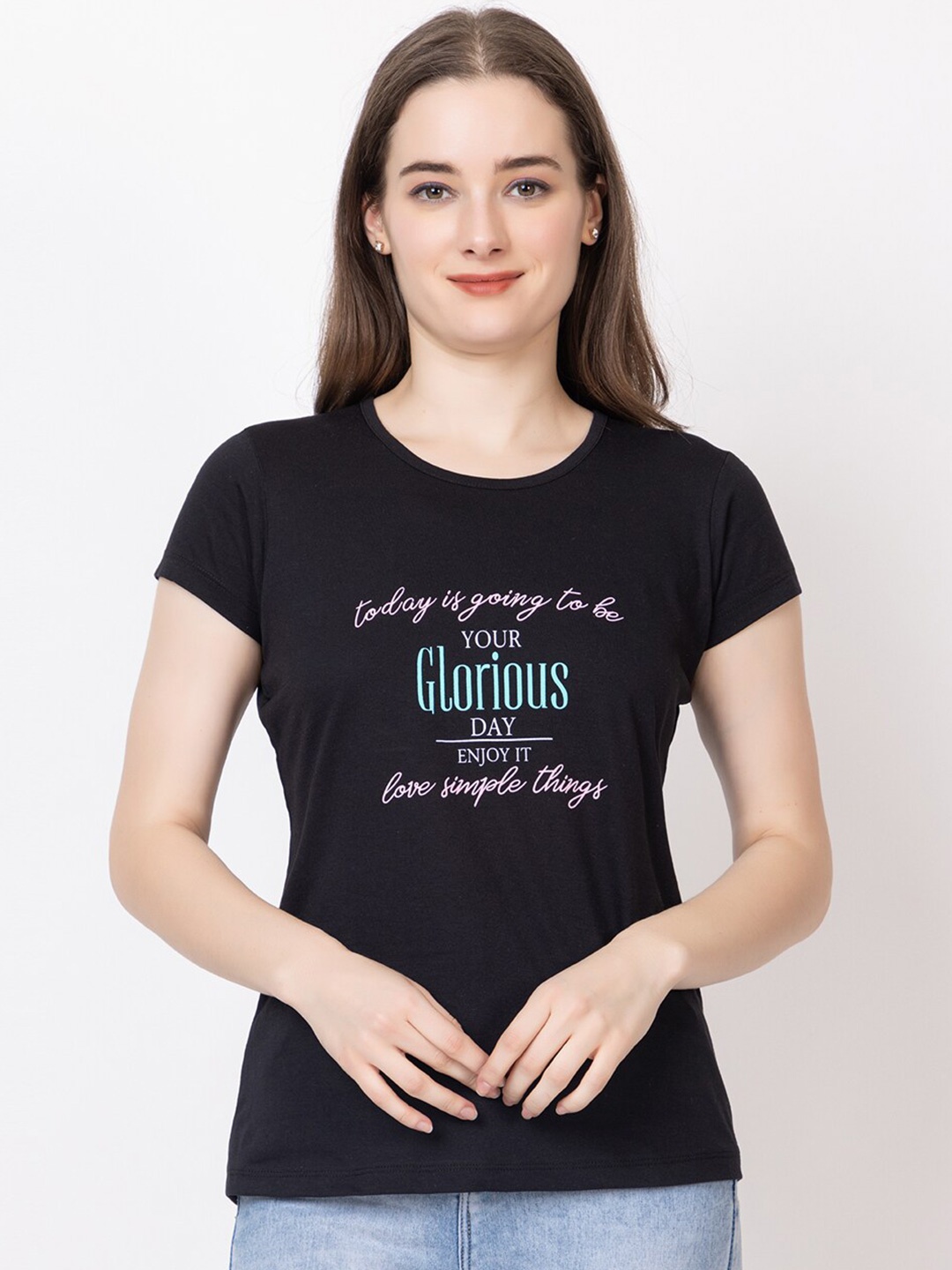 

UNEMODE Printed Round Neck Cotton Slim Fit T-shirt, Black