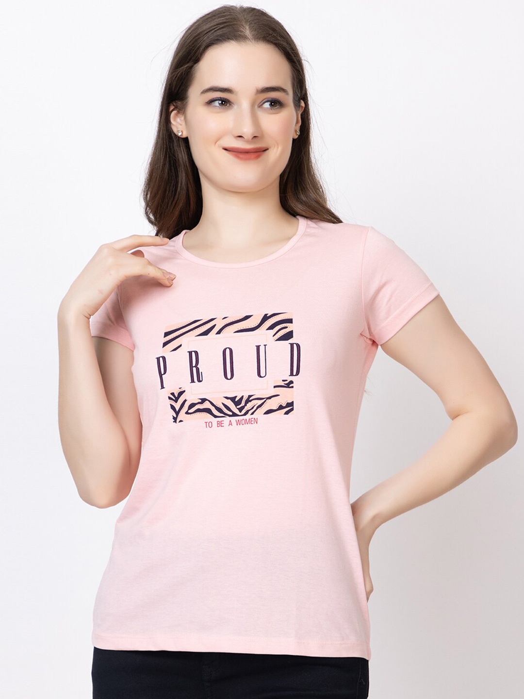 

UNEMODE Printed Round Neck Cotton Slim Fit T-shirt, Pink