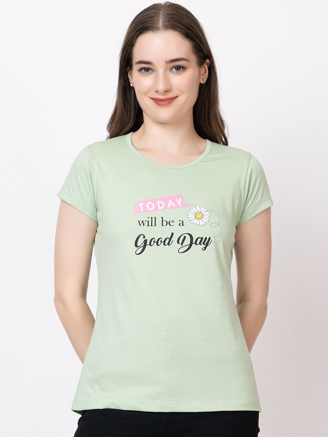 

UNEMODE Printed Round Neck Cotton Slim Fit T-shirt, Sea green