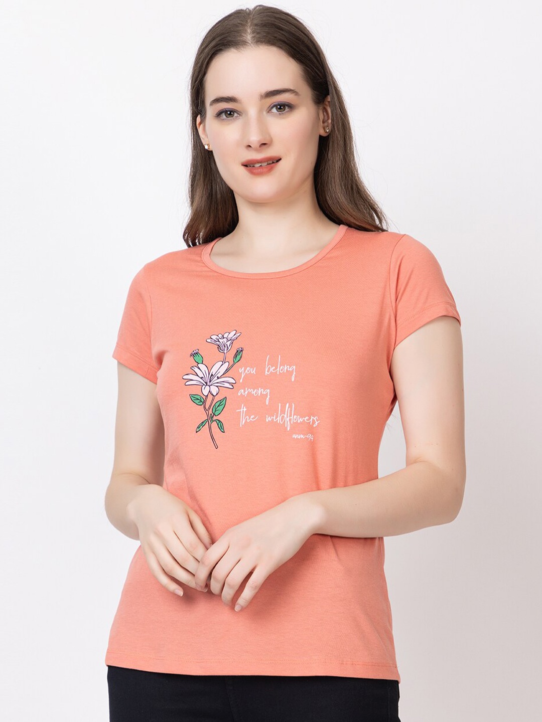 

UNEMODE Printed Round Neck Cotton Slim Fit T-shirt, Orange