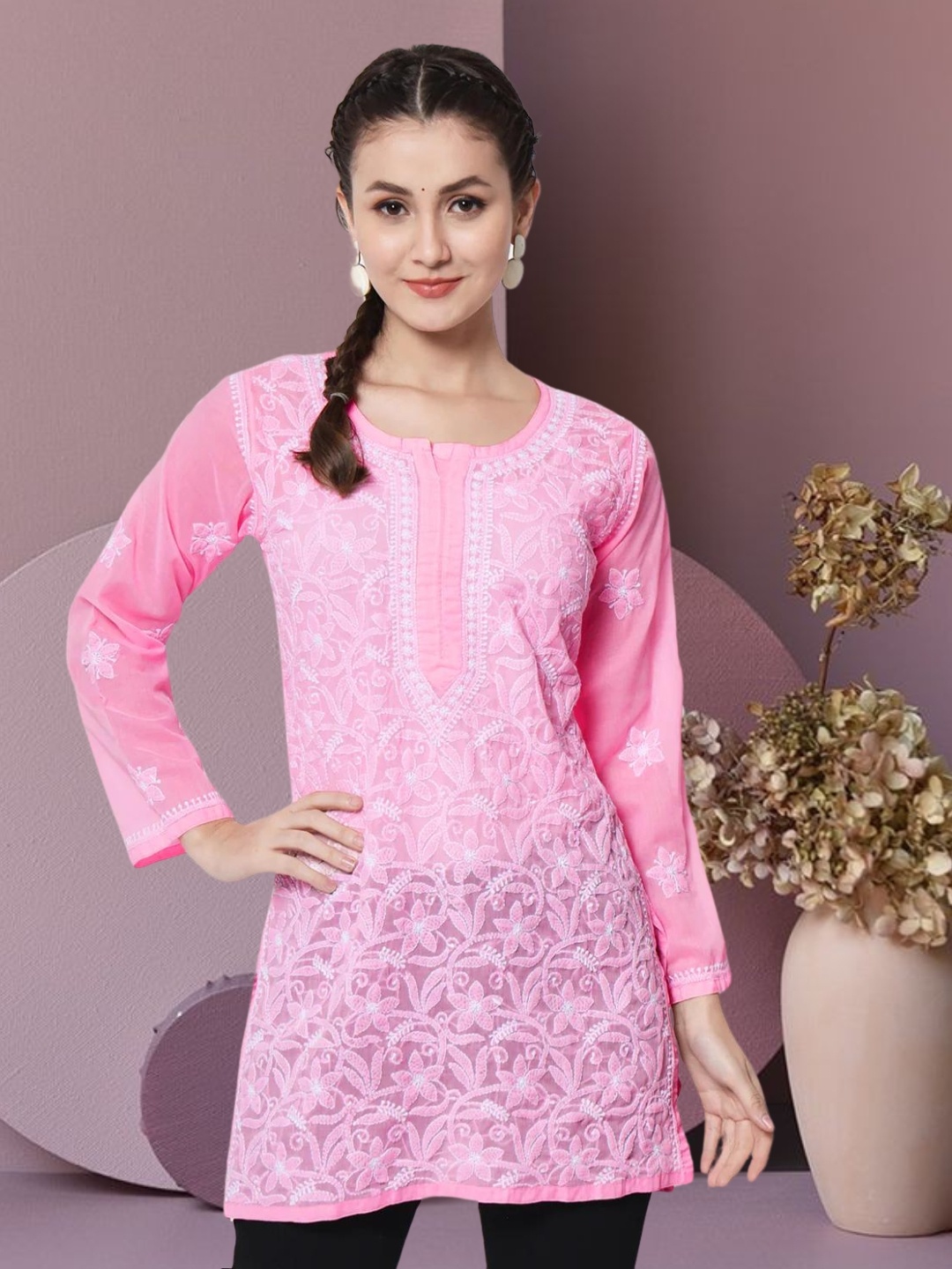 

PARAMOUNT CHIKAN Chikankari Embroidered Round Neck Long Sleeves Kurti, Pink