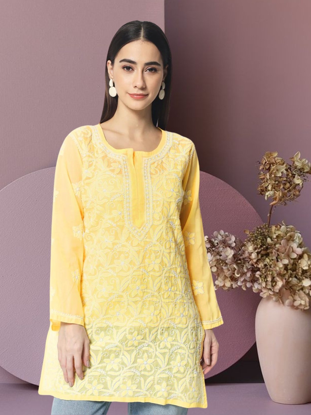 

PARAMOUNT CHIKAN Chikankari Embroidered Round Neck Long Sleeves Kurti, Yellow