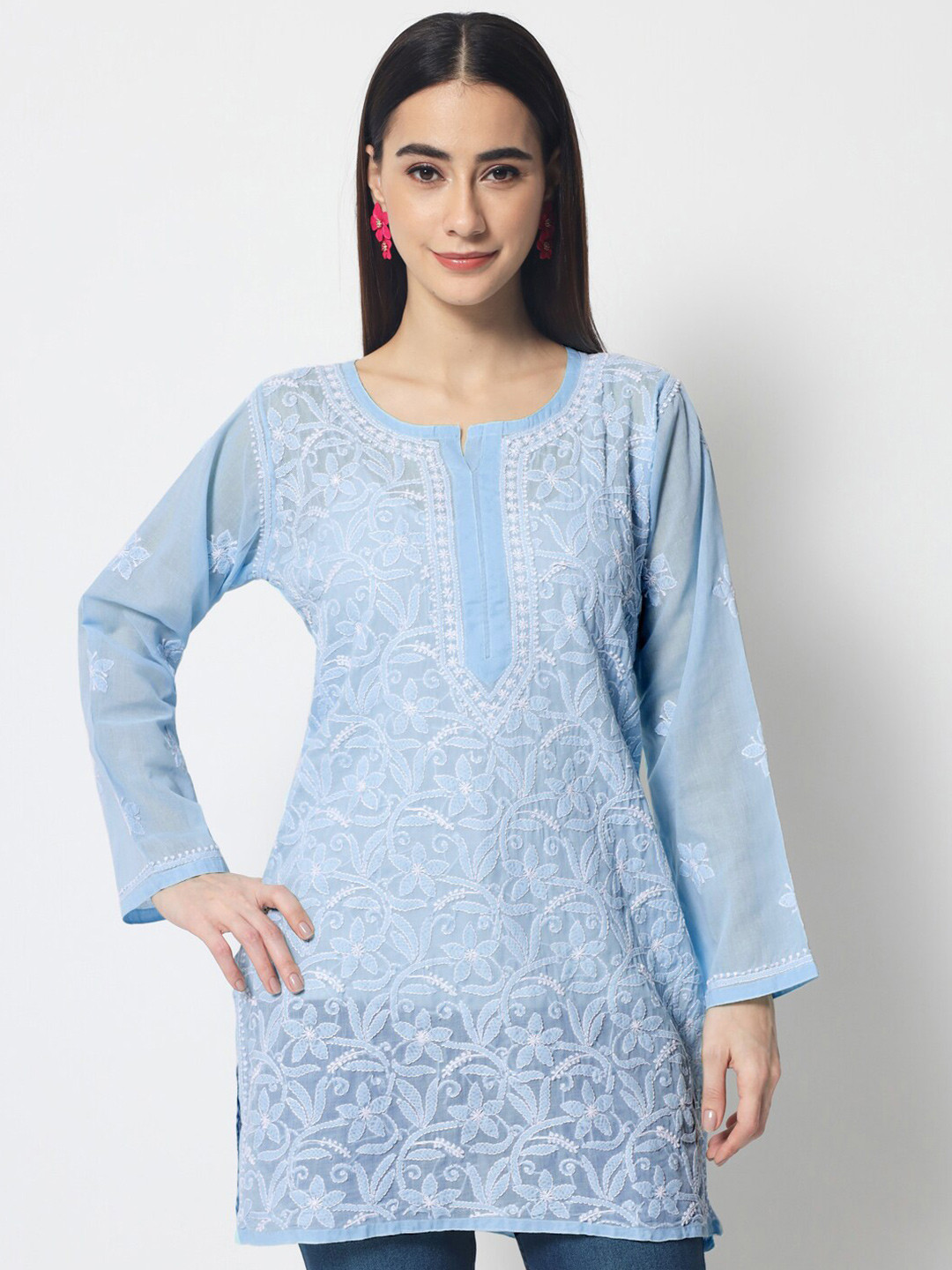 

PARAMOUNT CHIKAN Chikankari Embroidered Round Neck Long Sleeves Kurti, Blue