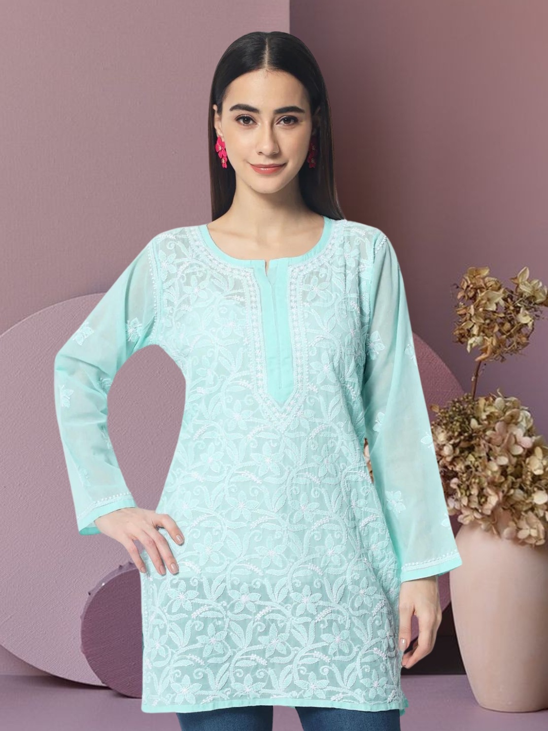 

PARAMOUNT CHIKAN Chikankari Embroidered Round Neck Long Sleeves Kurti, Sea green