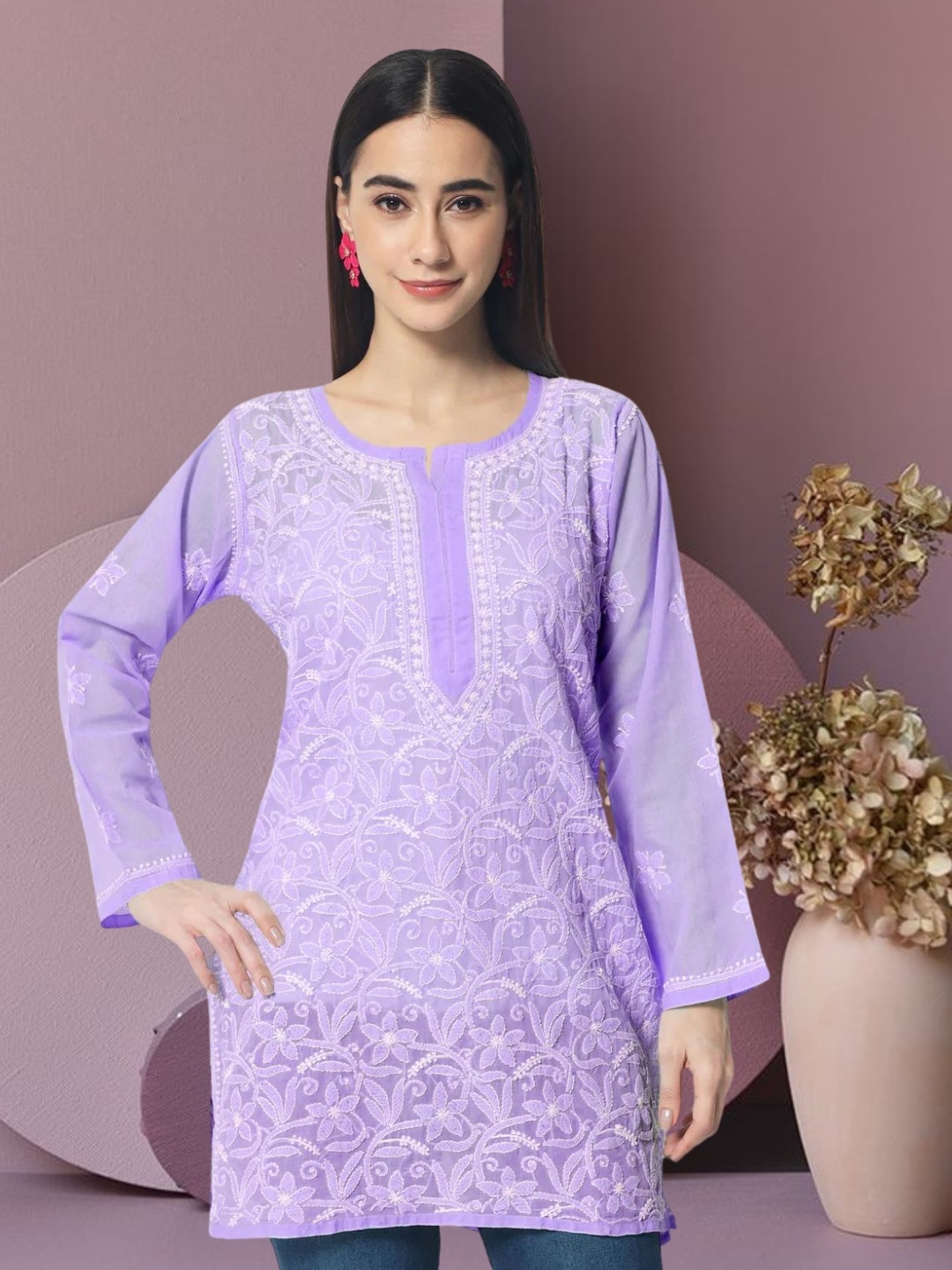 

PARAMOUNT CHIKAN Chikankari Embroidered Round Neck Long Sleeves Kurti, Purple