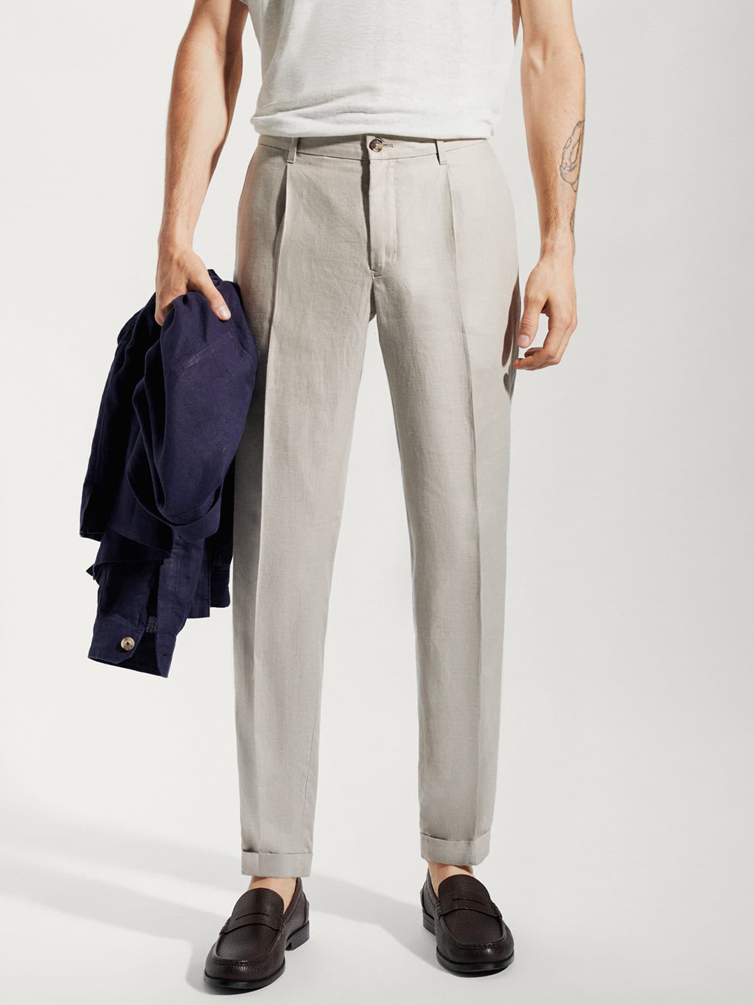 

MANGO MAN Linen Pleated Trousers, Taupe