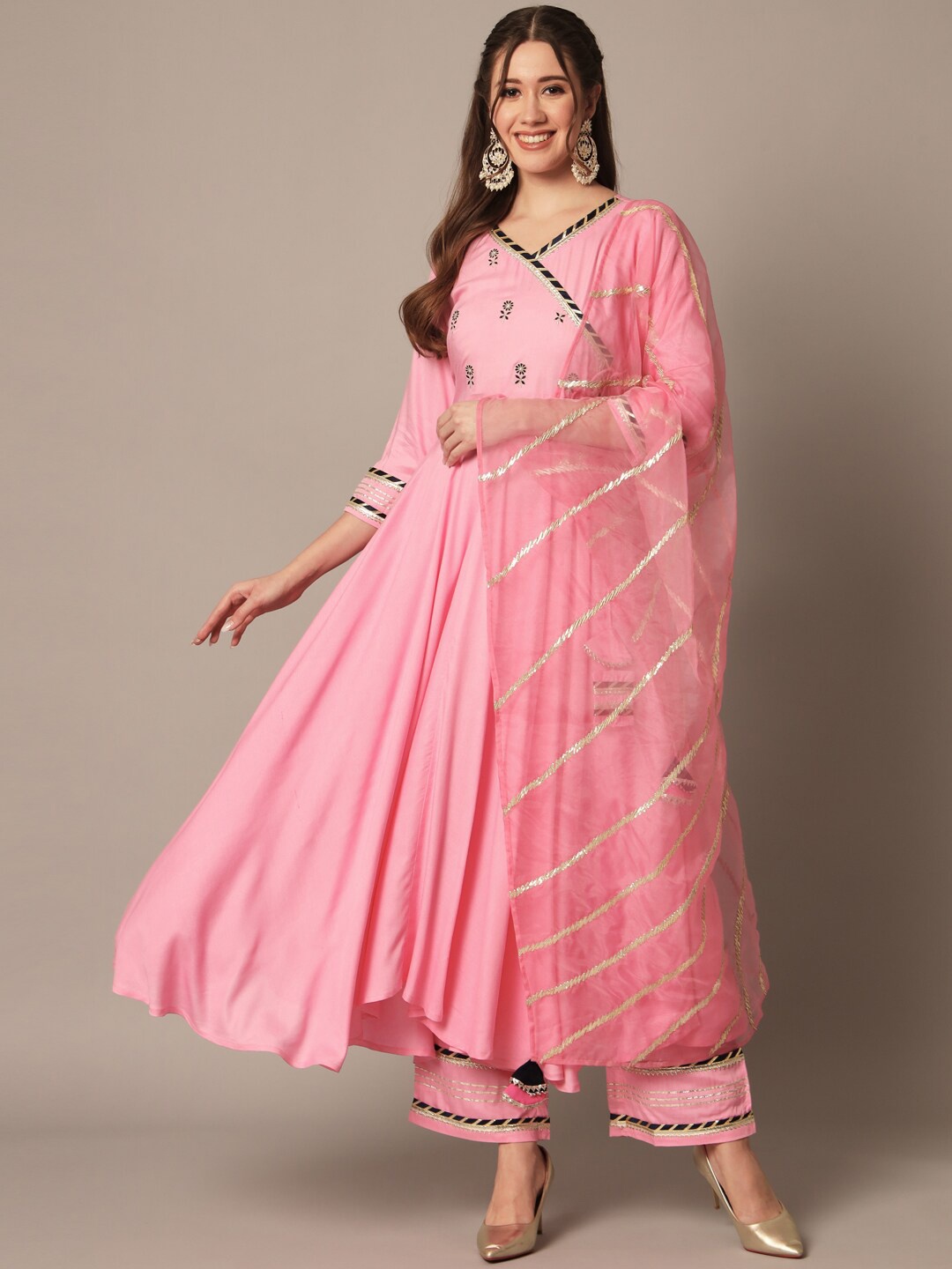 

Meeranshi Floral Embroidered Gotta Patti A-Line Kurta With Trousers & Dupatta, Pink