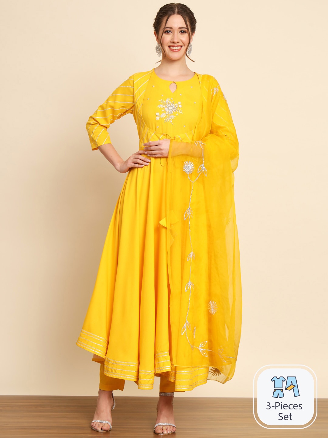 

Meeranshi Floral Yoke Design Regular Anarkali Kurta With Trousers & Dupatta, Yellow