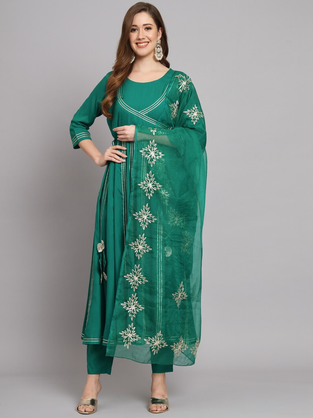 

Meeranshi Gotta Patti Detail Pleated A-Line Kurta With Trousers & Dupatta, Green