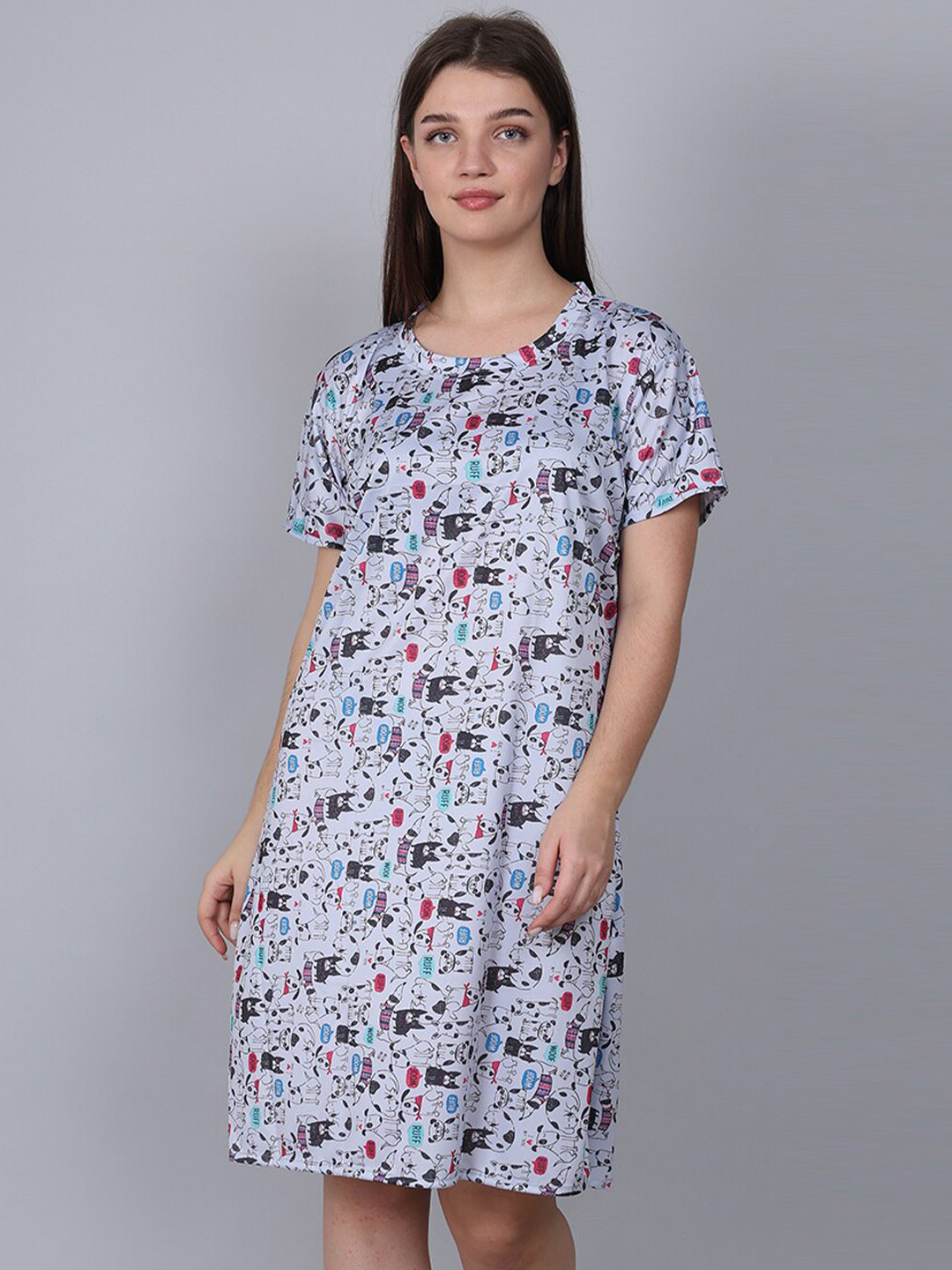 

XPIOX Printed Knee Length Nightdress, Grey