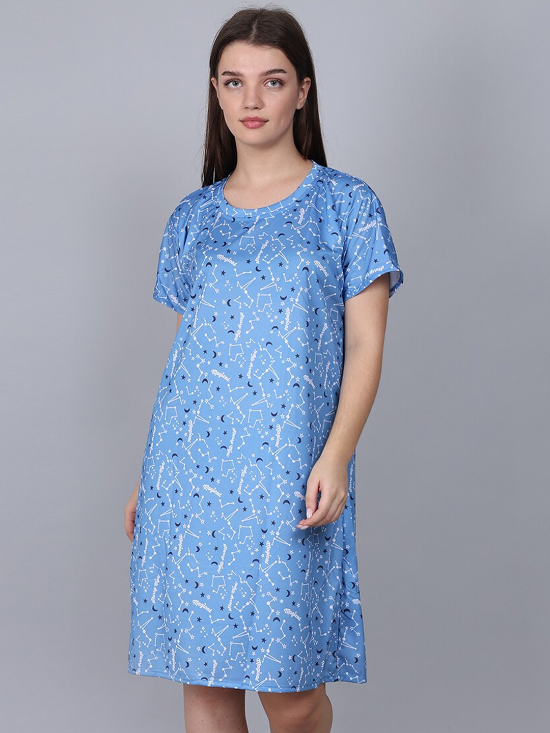 

XPIOX Printed Knee Length Nightdress, Blue