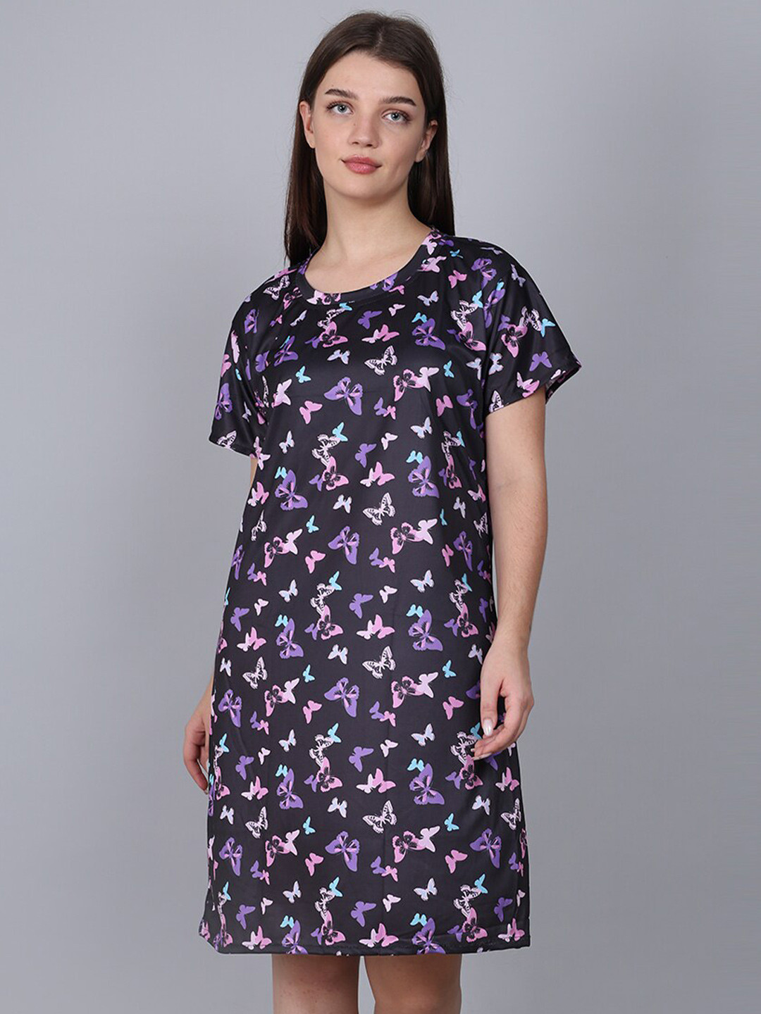 

XPIOX Printed Knee Length Nightdress, Black