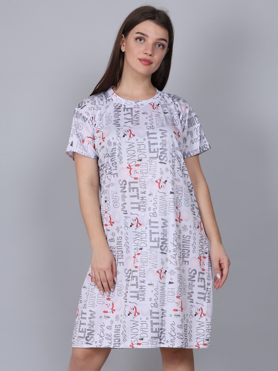 

XPIOX Printed Knee Length Nightdress, White