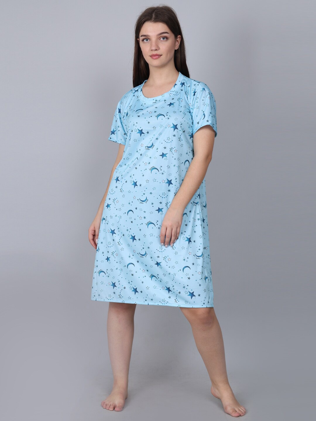 

XPIOX Printed Knee Length Nightdress, Blue