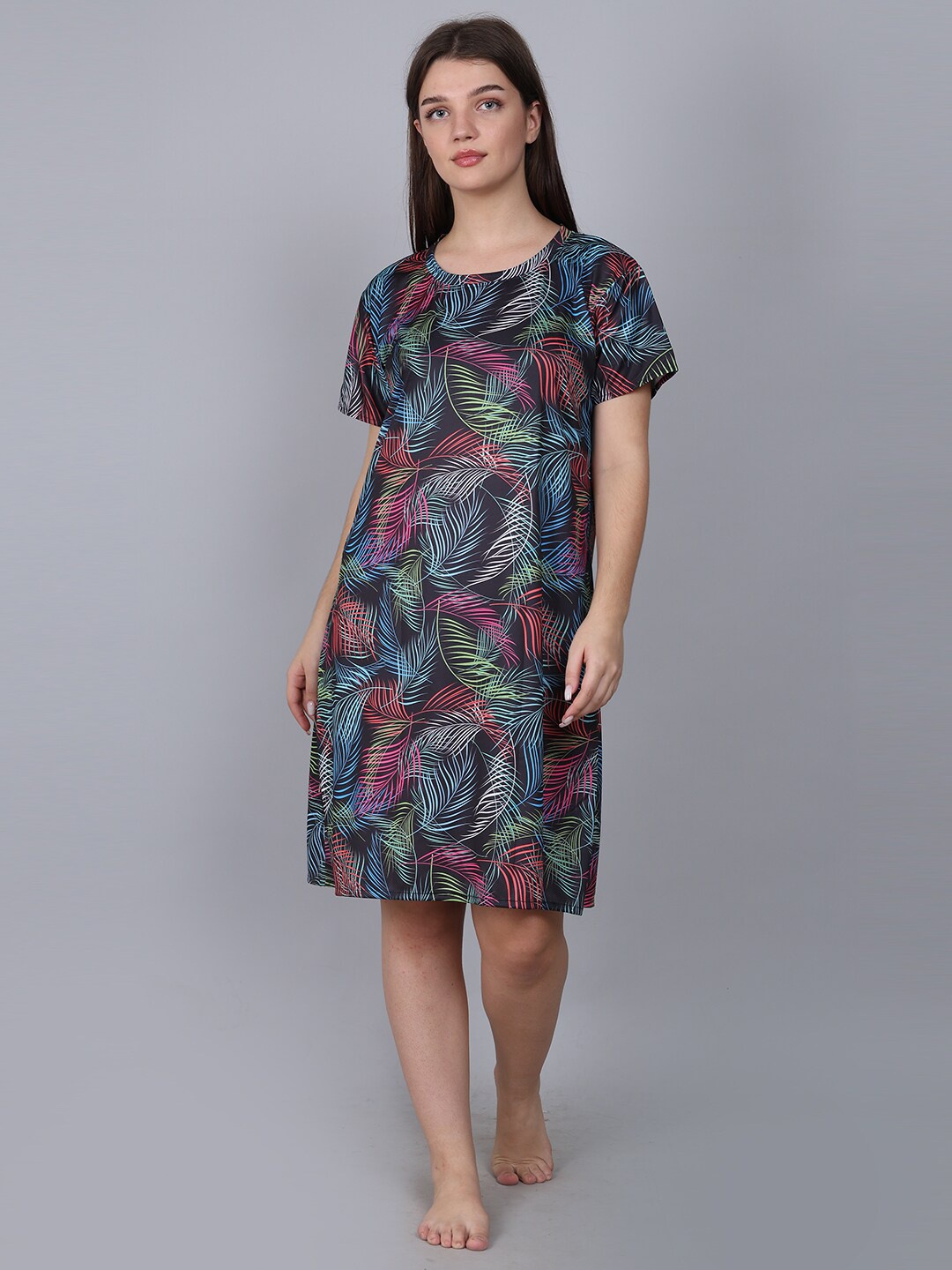 

XPIOX Printed Knee Length Nightdress, Green