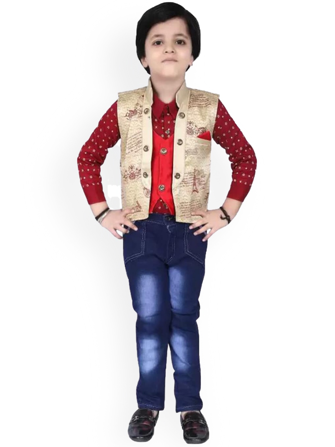 

BAESD Boys Pure Cotton Shirt With Trousers & Waistcoat 3-Pcs Suit Set, Red