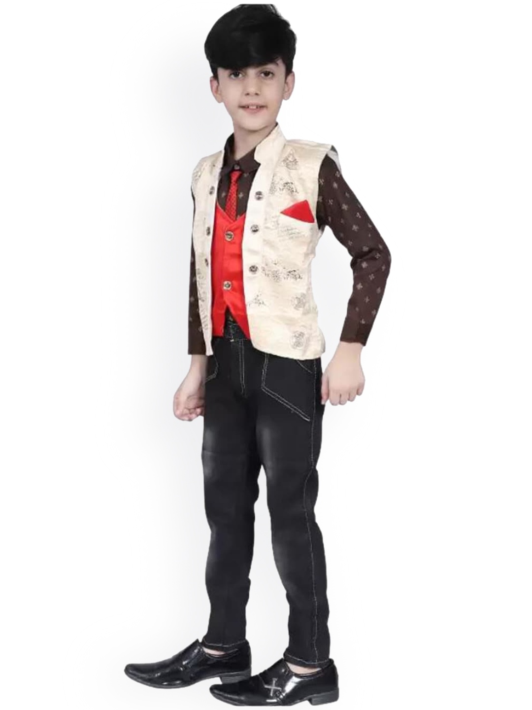 

BAESD Boys Pure Cotton Shirt With Trousers & Waistcoat 3-Pcs Suit Set, Brown