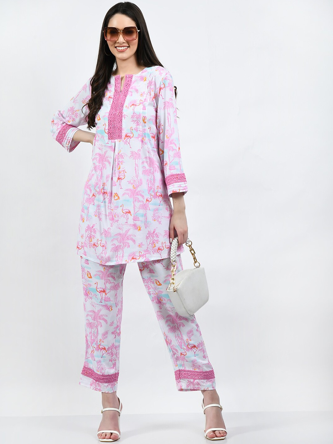 

TBOJ Quirky Printed A-Line Kurta With Trousers, Pink