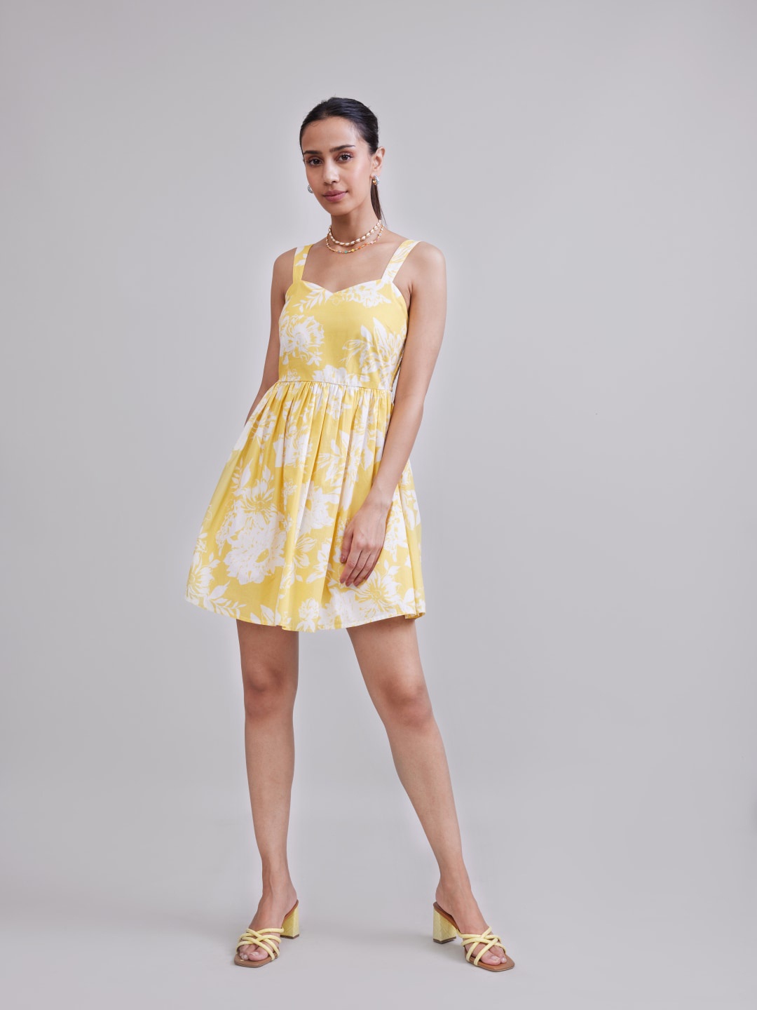 

Style Island Floral Printed Shoulder Straps Cotton Fit & Flare Dress, Yellow