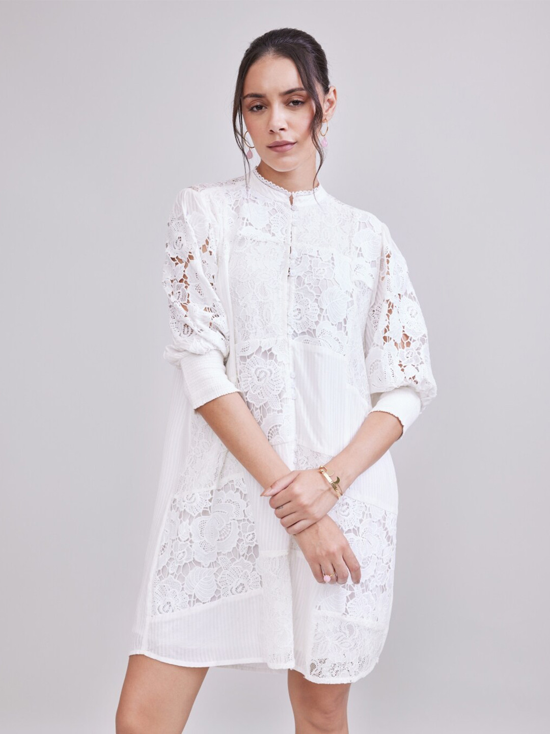 

Style Island Self Design Mandarin Collar Lace Up Bohemian Cotton A-Line Dress, White