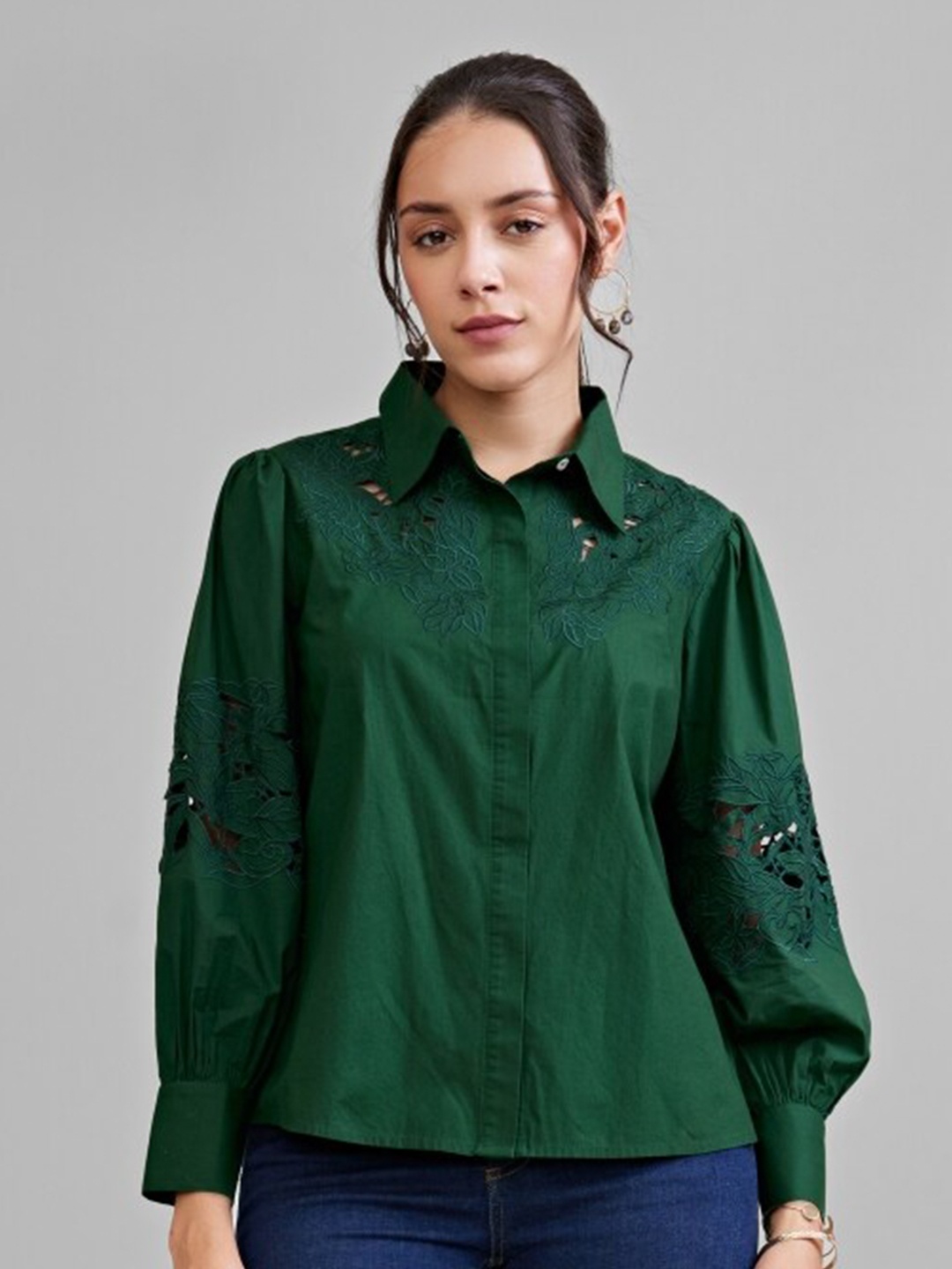 

Style Island Floral Embroidered Puff Sleeves Cotton Shirt, Green