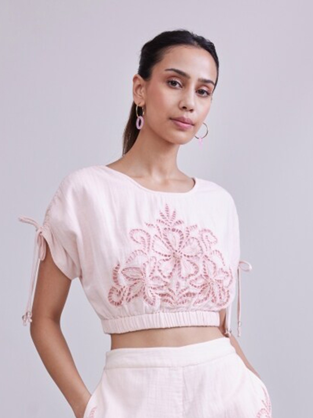 

Style Island Floral Embroidered Bohemian Cotton Crop Top, Pink