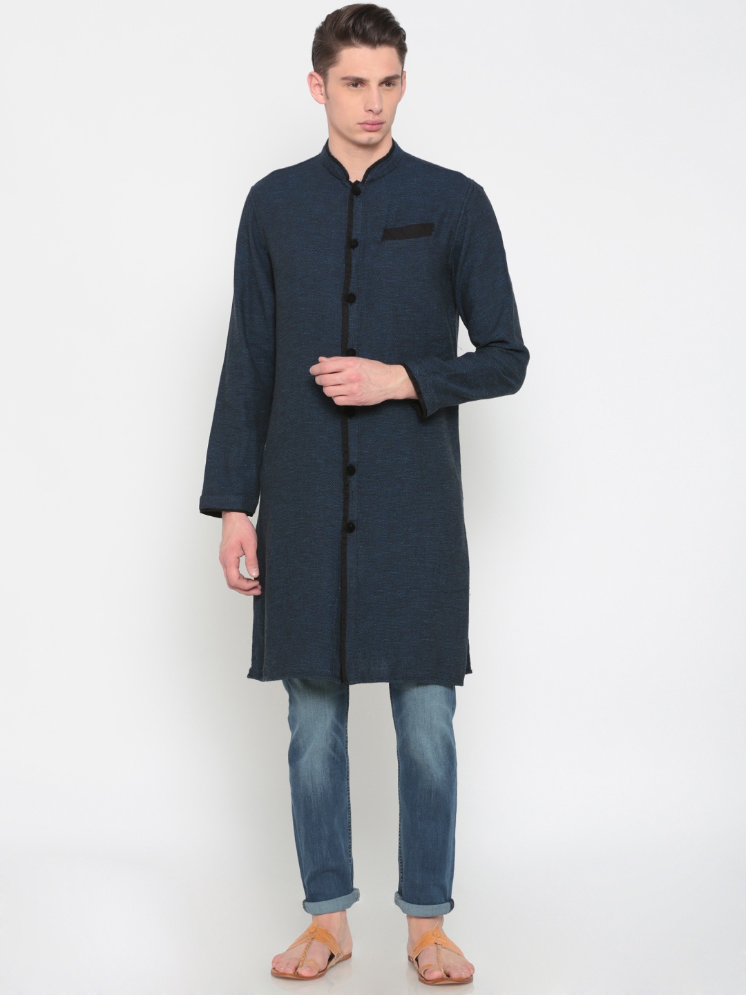 

Freehand Men Blue Self-Designed Straight Kurta