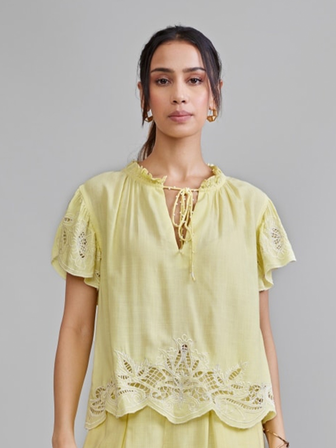 

Style Island Tie-Up Neck Flared Sleeve Regular Top, Yellow