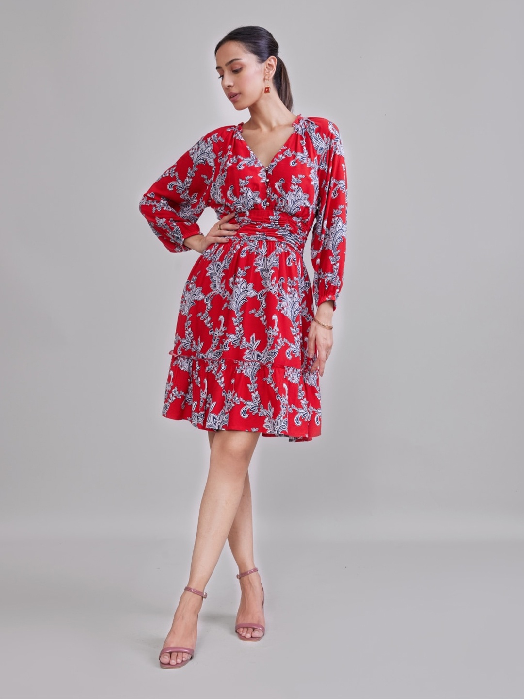 

Style Island Floral Print Crepe Fit & Flare Dress, Red