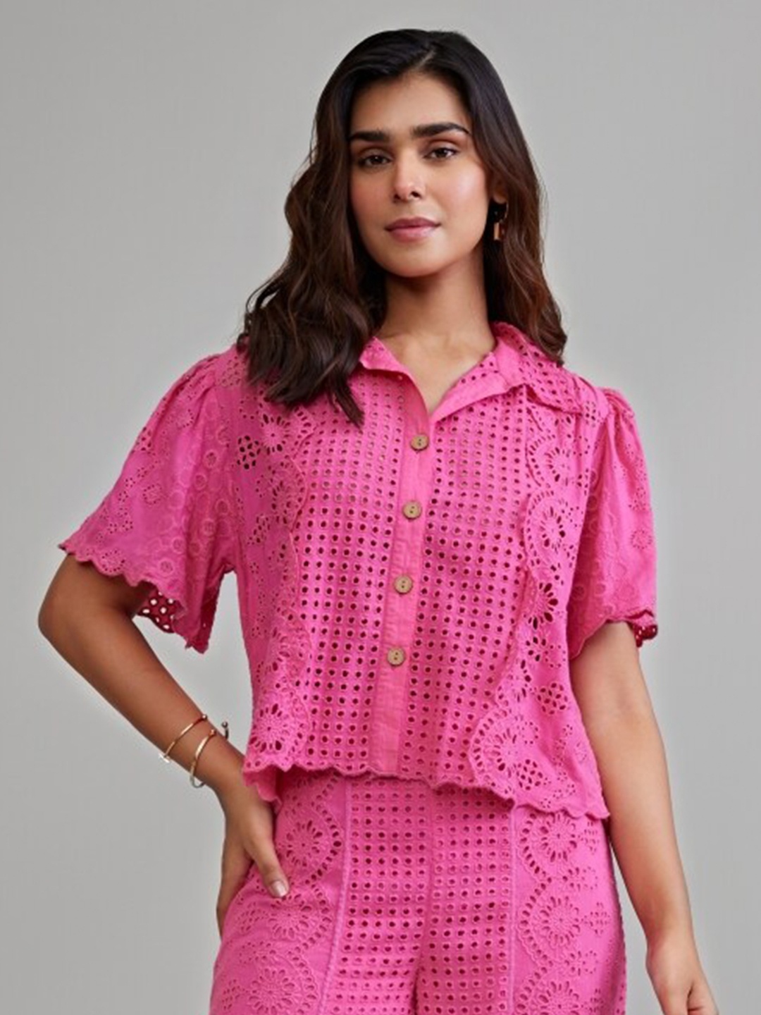 

Style Island Floral Schiffli Shirt Style Top, Pink