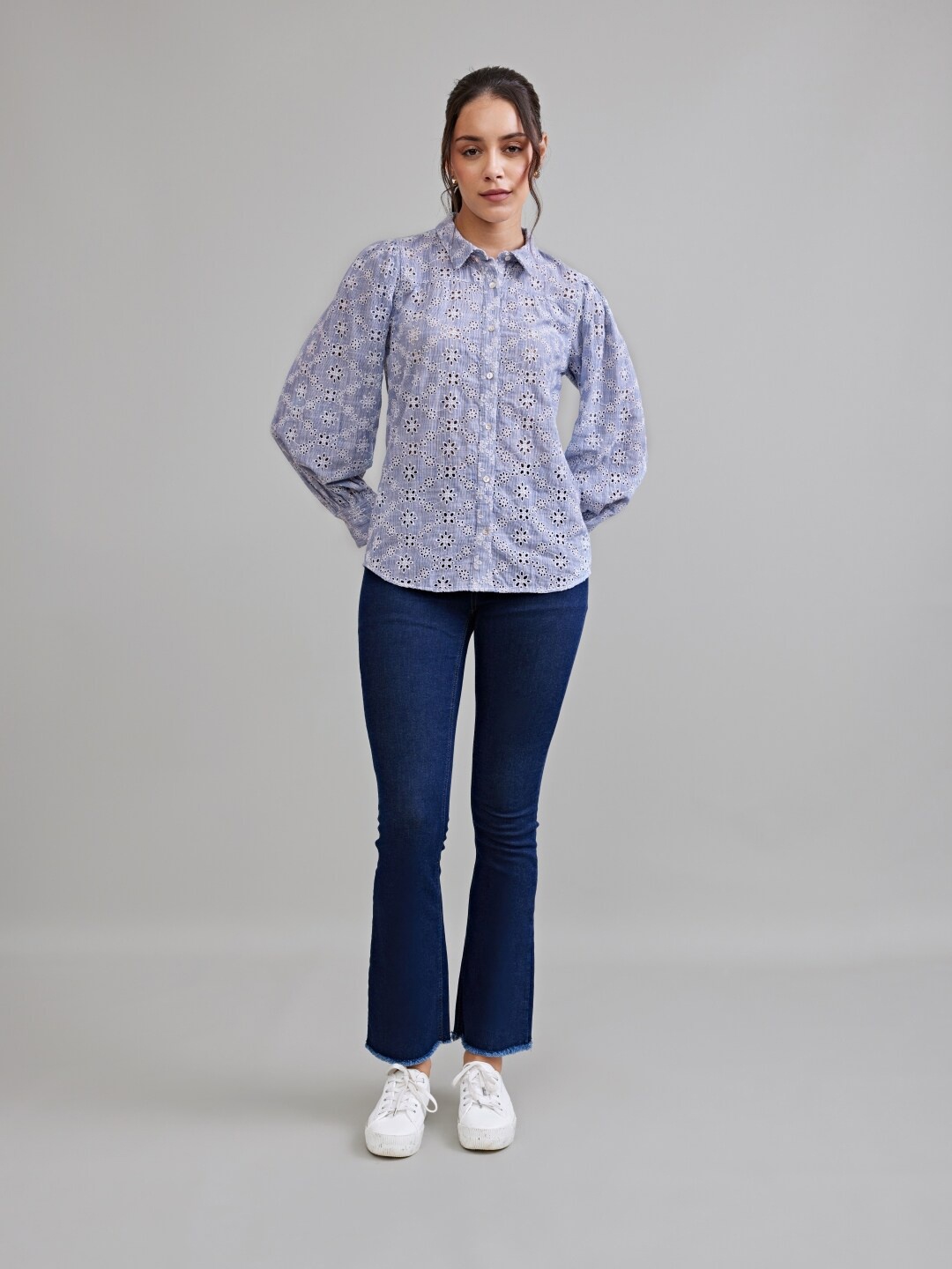 

Style Island Floral Embroidered Cotton Shirt Style Top, Grey