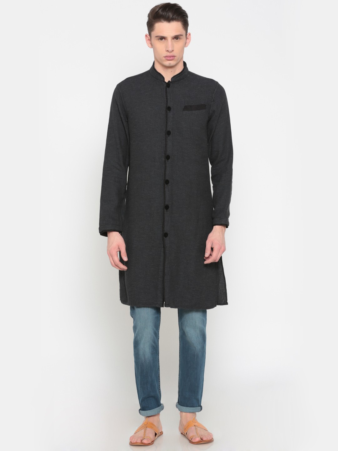 

Freehand Men Grey Self-Designed Straight Kurta