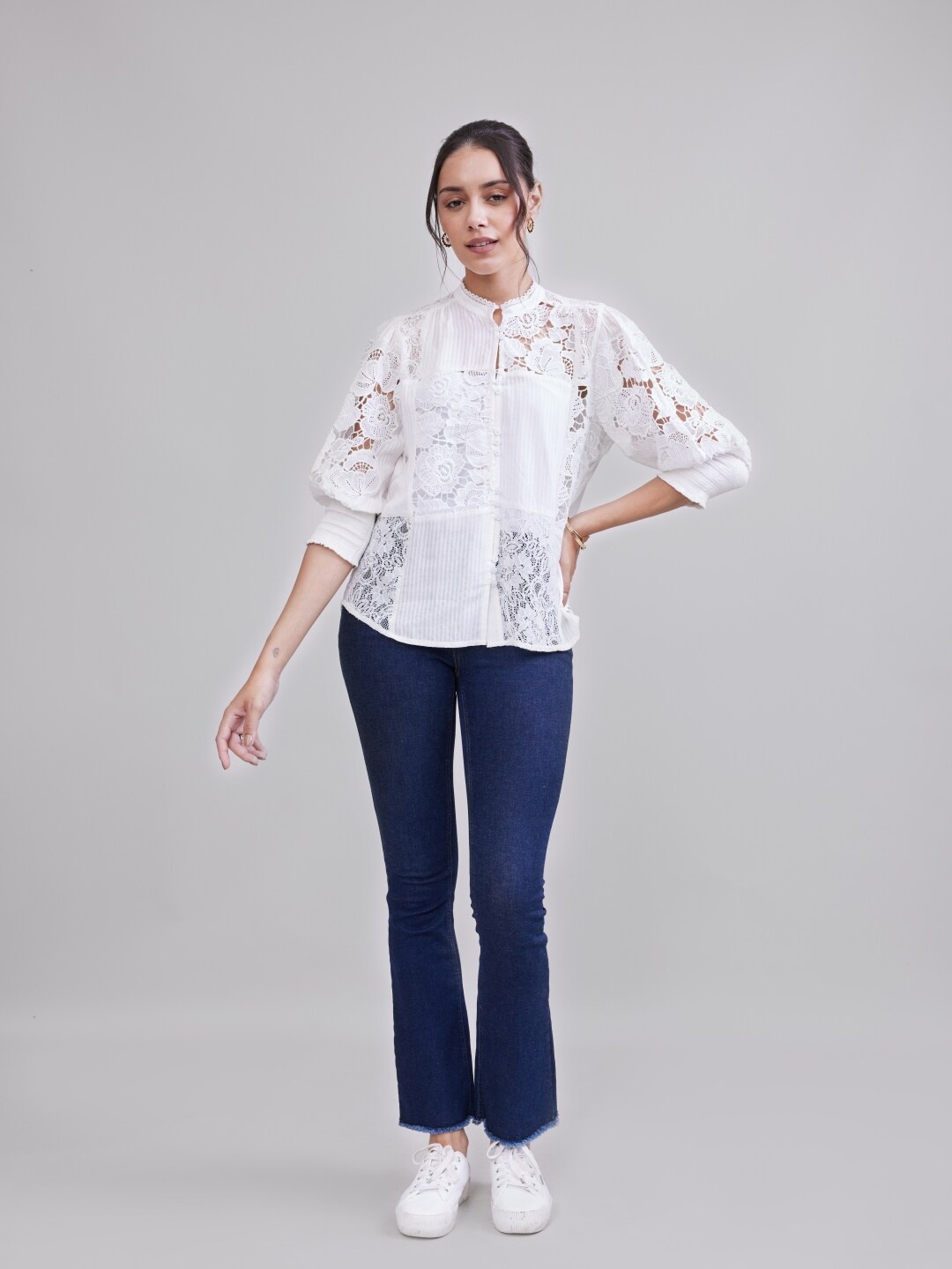 

Style Island Floral Self Design Puff SleevesTop, White