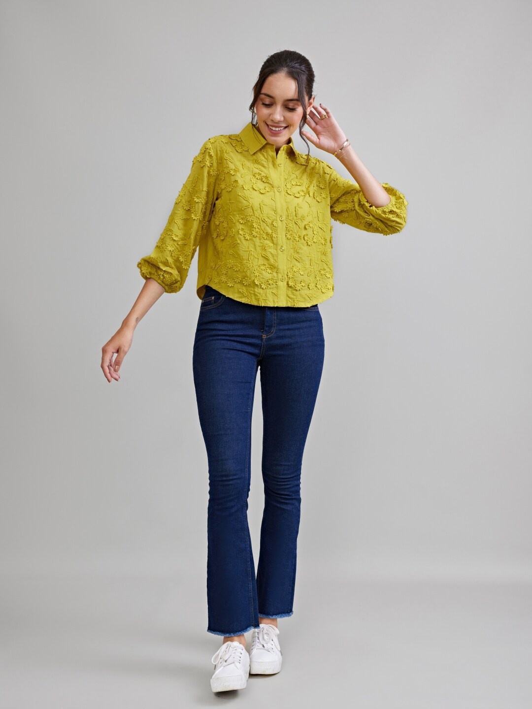 

Style Island Floral Embroidered Puff Sleeves Cotton Shirt Style Top, Green