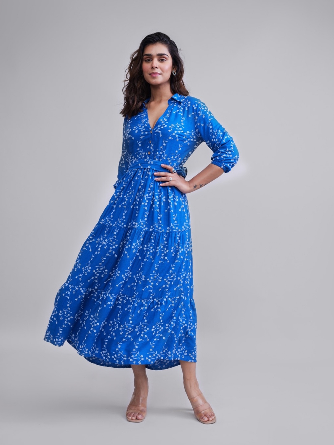 

Style Island Floral Printed Shirt Collar Belted Tiered Fit & Flare Dress, Blue