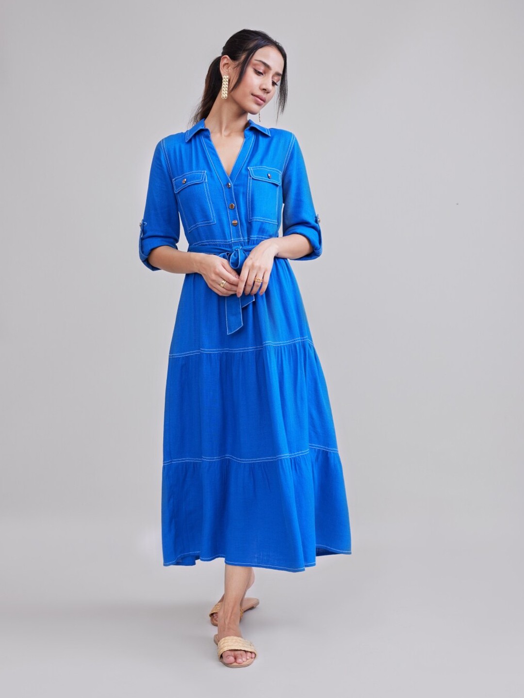 

Style Island Shirt Collar Roll-Up Sleeves Belted Tiered Fit & Flare Dress, Blue