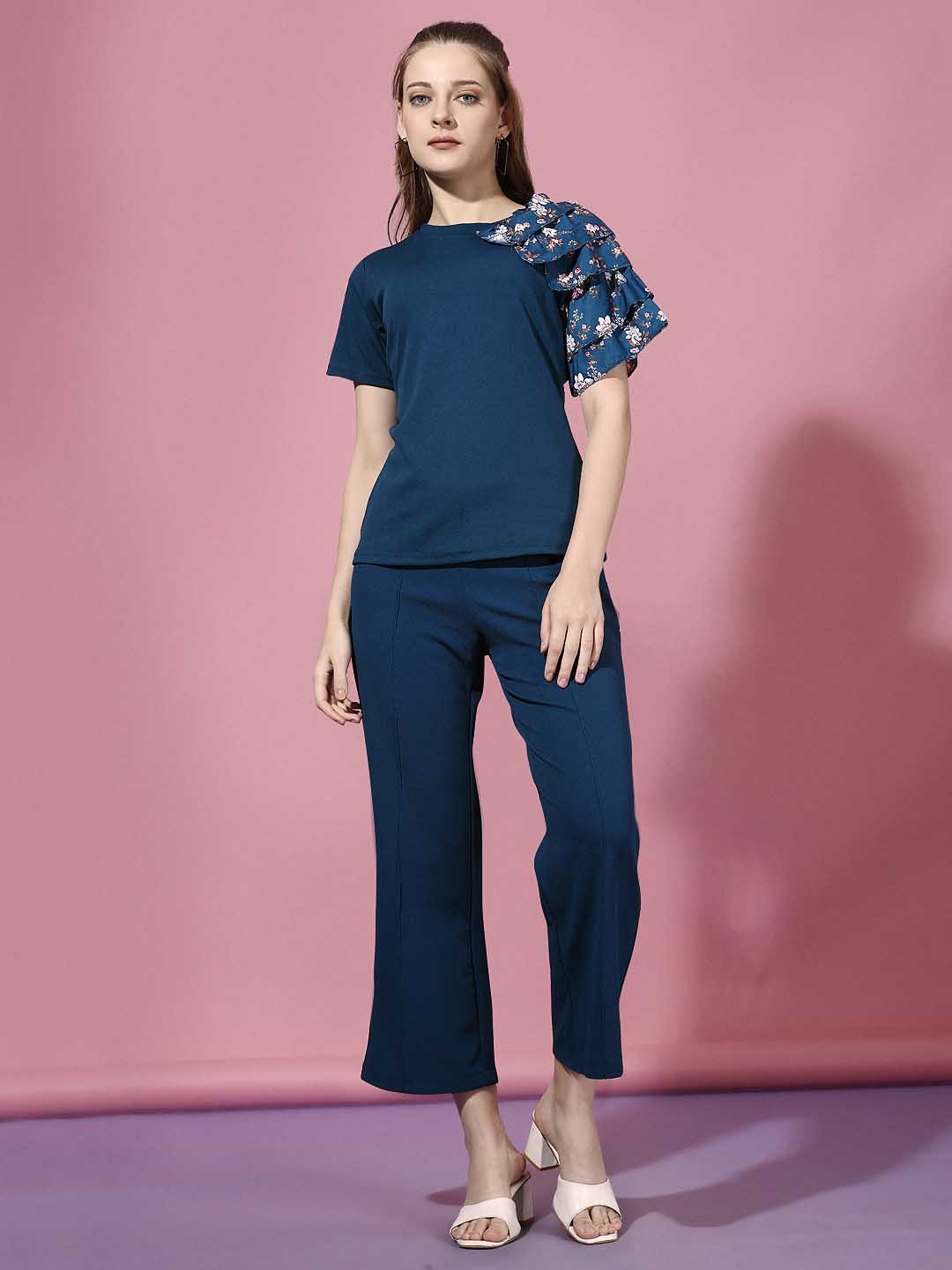 

WESTHOOD Ruffled Sleeves Top With Trousers, Blue