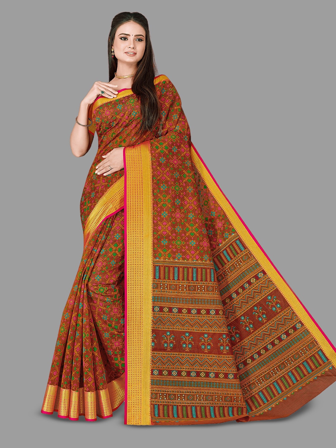 

HASRI Geometric Embroidered Zari Gadwal Saree, Orange